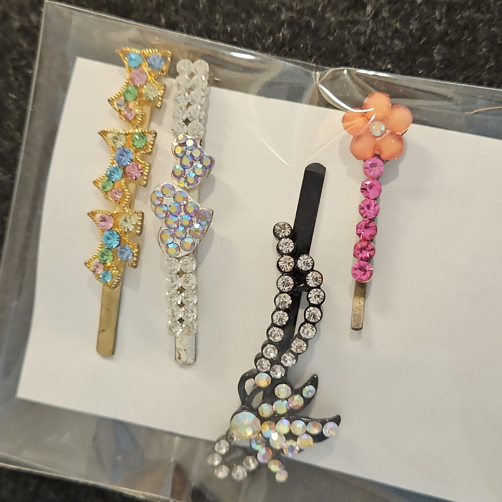 4 Piece Lot Multicolor Rhinestone hair pins Bow Flower Scottie Designs Cute - Picture 5 of 5